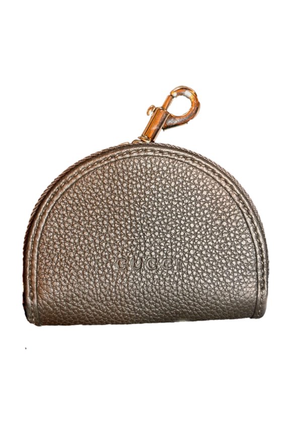 Leather Earphone Case Zip Pouch Dark Gray Key Ring Clip Gold-Tone Hardware