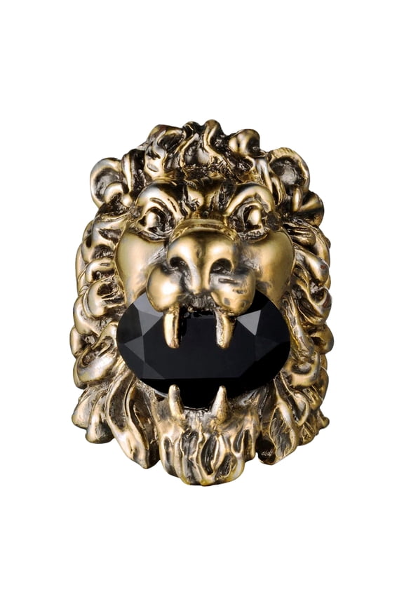 Lion Head King Crystal Statement Ring Aged Gold Tone Black Size 8 New