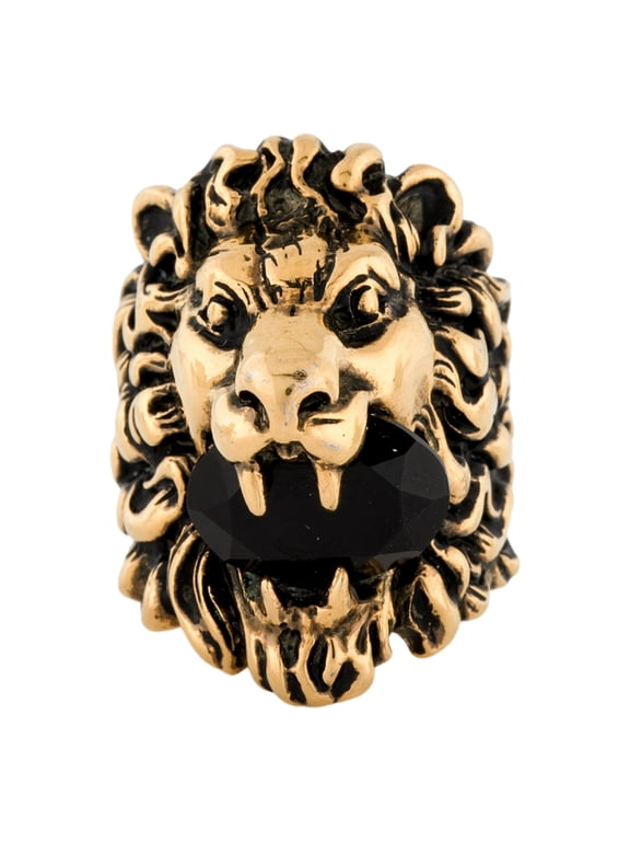 Lion Head King Statement Ring with Faceted Crystal Aged Gold Tone Black Metal Size 10 Made in Italy New