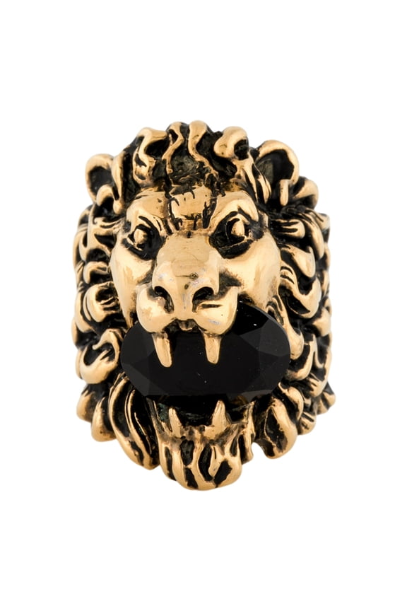 Lion Head King Statement Ring with Faceted Crystal Aged Gold Tone Black Metal Size 10 Made in Italy New