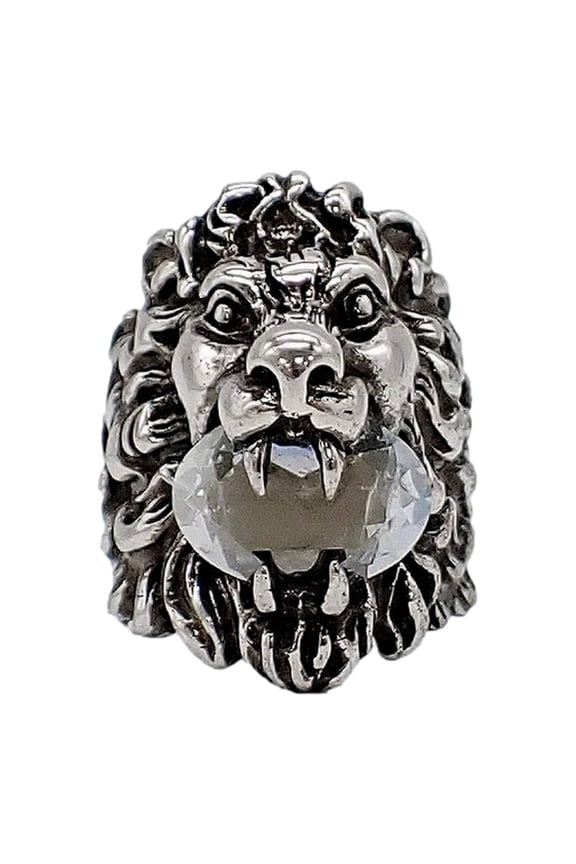 Lion Head Motif Silver Ring Crystal Size 13