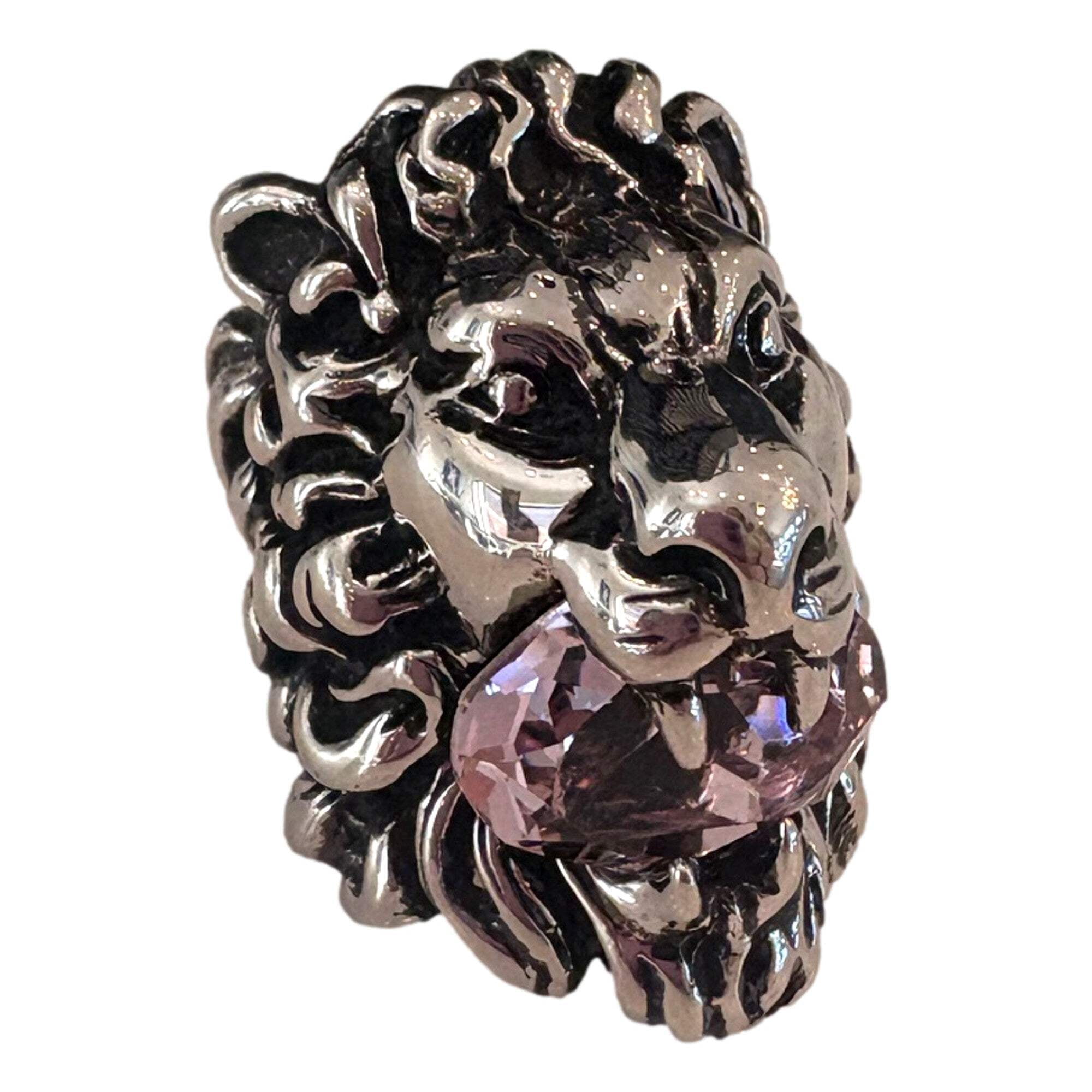 Gucci Lion Head Motif Silver Ring Light Pink Crystal Size 10 