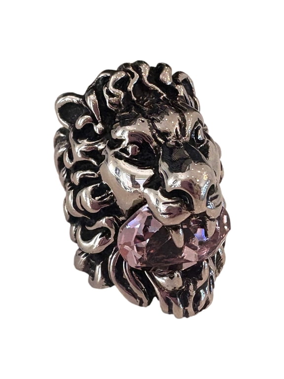 Lion Head Motif Silver Ring Light Pink Crystal Size 10