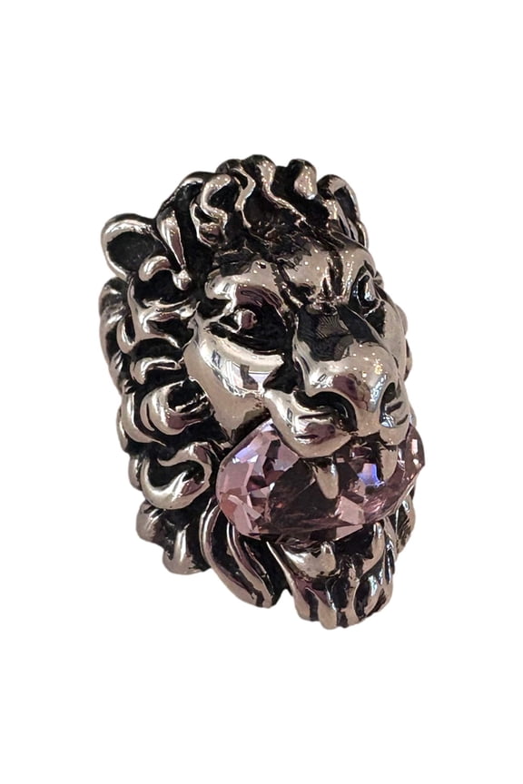 Lion Head Motif Silver Ring Light Pink Crystal Size 10