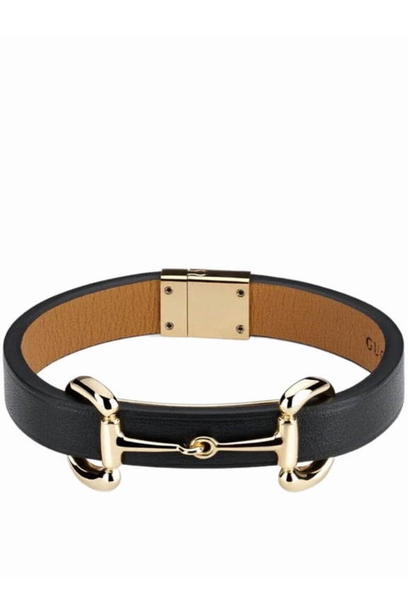 Men's Black Horsebit Detail Leather Clasp Bracelet Brown