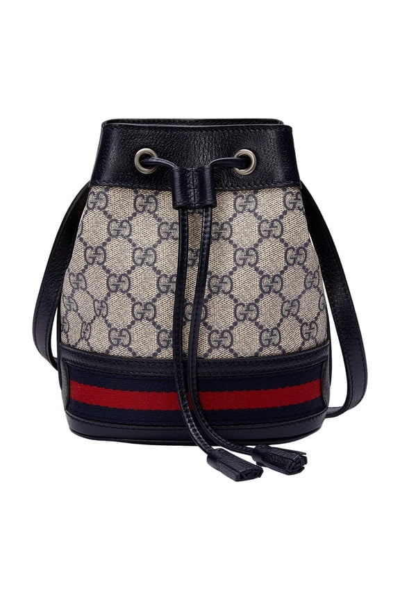 Ophidia Mini Bucket Bag GG Supreme Canvas Beige Blue Web Stripe Leather Trim Model 550260 Made in Italy