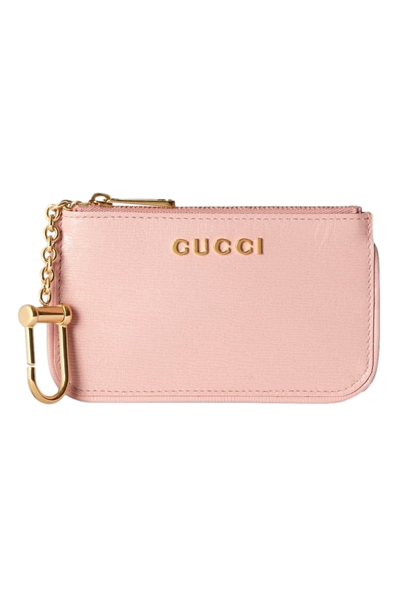Pink Leather Zip Key Case Card Holder Wallet Gold Logo Italy New