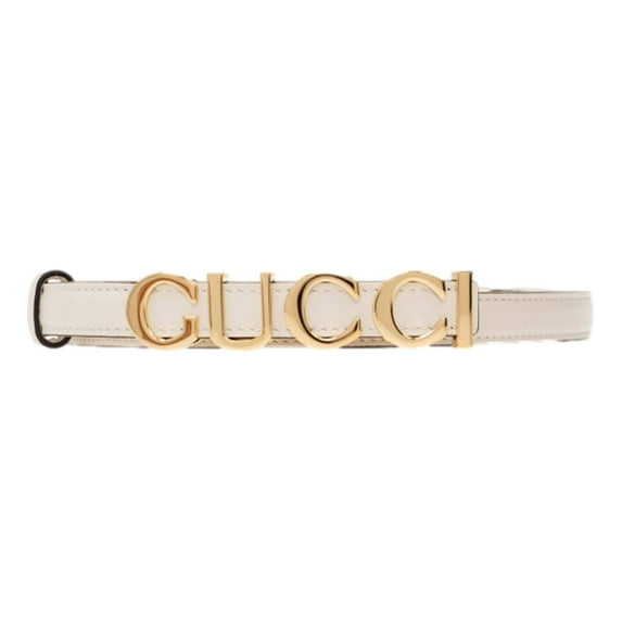 Gucci Cream Thin Leather Belt with Metal Gold Logo Lettering Size 80