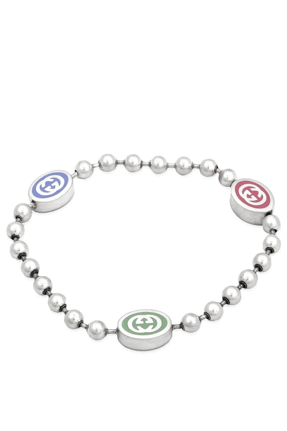 Sterling Silver And Enamel Boule Chain Interlocking G Bracelet, Size 16