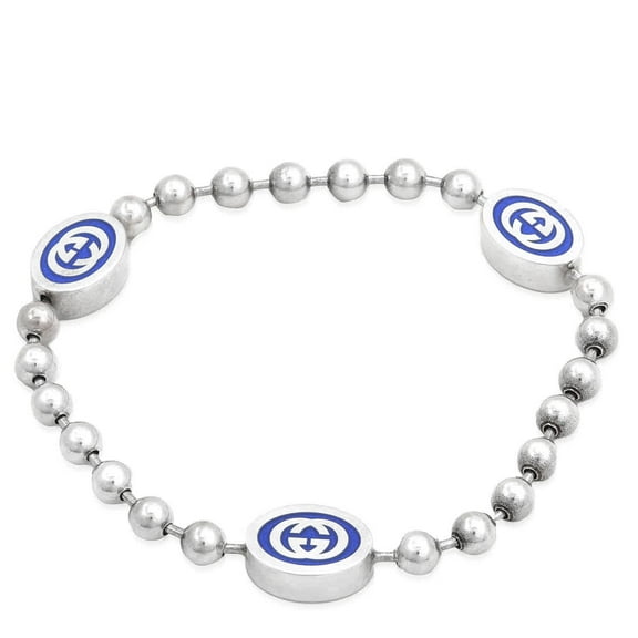 Gucci Sterling Silver And Enamel Boule Chain Interlocking G Bracelet, Size 18