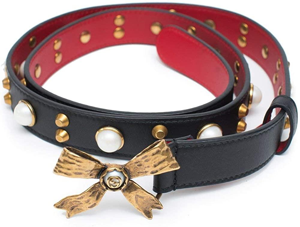 Gucci Studded leather belt metal bow hibiscus red black Belt Moon Pearl Italy New - image 1 of 4
