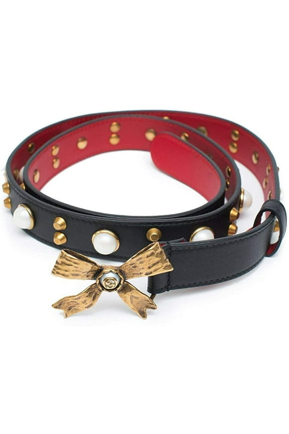 Studded leather belt metal bow hibiscus red black Belt Moon Pearl Italy New