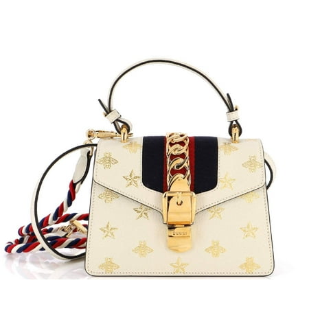 Gucci White Calfskin Mini Sylvie Bee Star Top Handle Bag