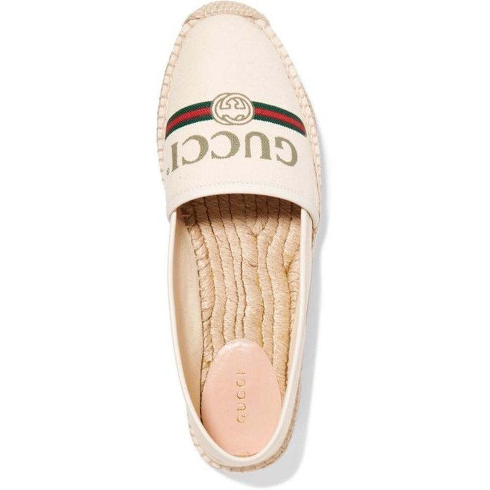 Gucci Women Off-White Logo Printed Canvas Leather Trimmed Espadrilles ...