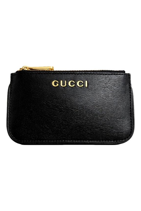 Zip Key Case Black Leather Card Holder Gold Logo Script