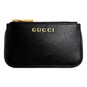 Gucci Zip Key Case Black Leather Card Holder Gold Logo Script