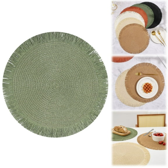 Guczhu Autumn Round Paper Placemats, Woven Style Table Mats for Autumn Kitchen Restaurant Home Farmhouse, Thanksgiving Christmas Decoration, Heat Resistant, Green