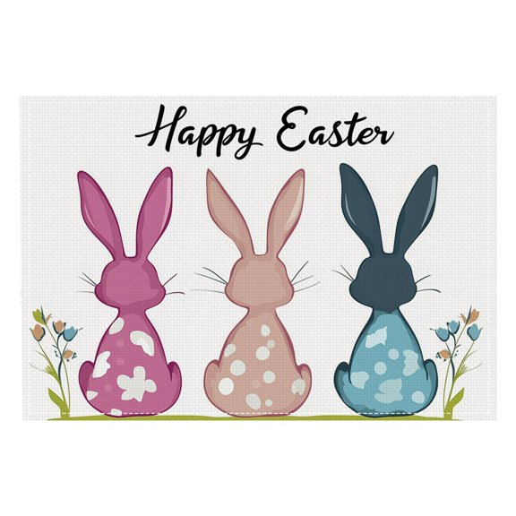 Guczhu Easter Placemats Set, Colorful Bunny Flower Eggs Design, 12x18 Inch Spring Seasonal Table Mats for Kitchen Decor, BI*4