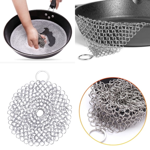 Guczhu Stainless Steel Chainmail Pan Cleaner, Scrubber for Cast Iron Skillet, Griddle, and Bbq Grill, Hanging Ring Included, A
