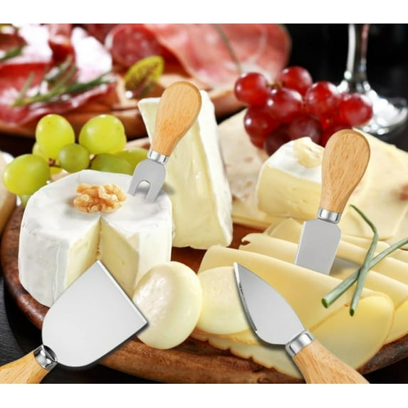Guczhu Stainless Steel Cheese Set with Wood Handle, Cheese Fork and Slicer, Charcuterie Board Accessories for Entertaining, A