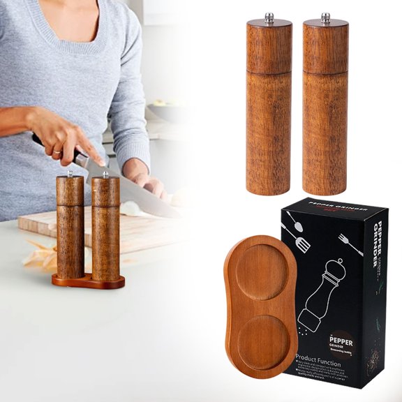 Guczhu Wood Salt and Pepper Grinder Set, Adjustable Coarseness Refillable, Cylindrical Kitchen Grinder for Seasoning, 2PCS