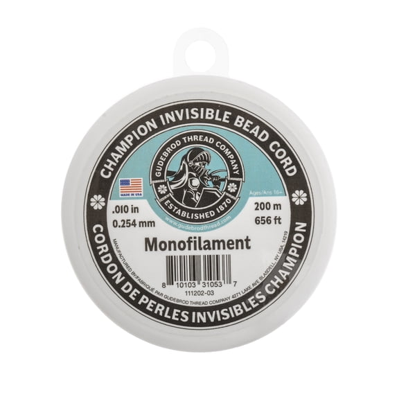 Gudebrod Champion Clear Beading Cord Spool, 200m (656ft) Invisible Monofilament Jewelry Stringing Material, 0.254mm, 8 lb
