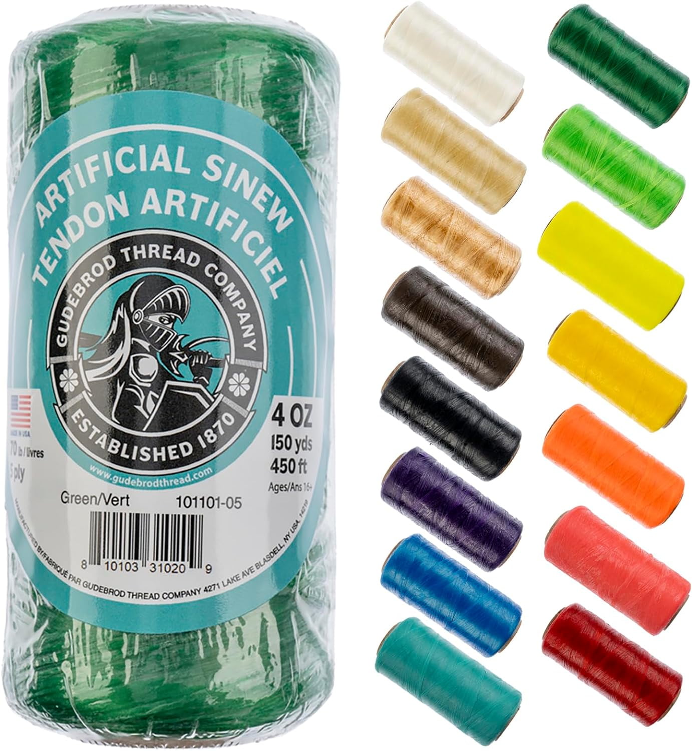 Gudebrod Sinew 150 Yards (450 ft) Green Artificial Sinew Thread, 4oz