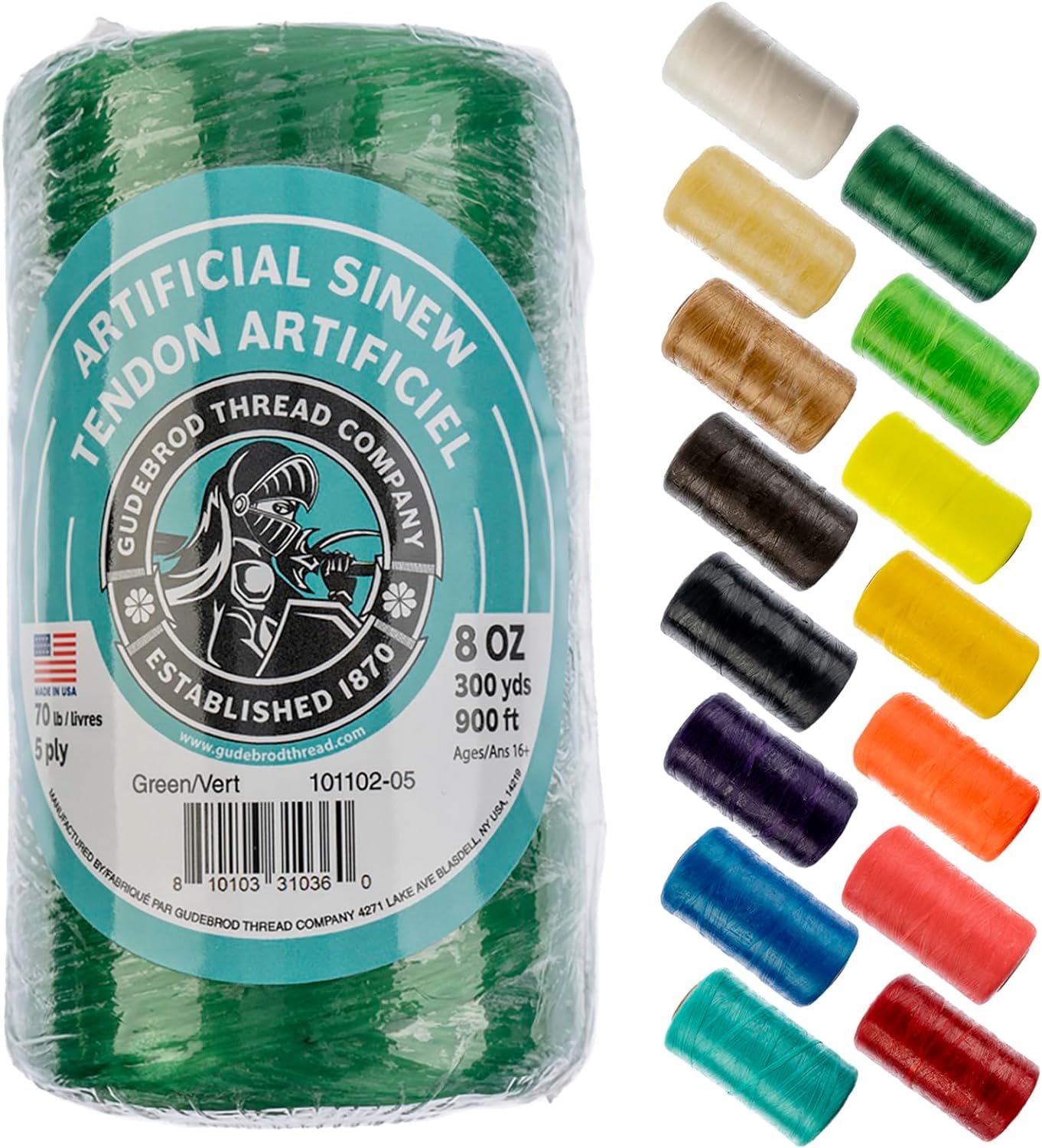 Gudebrod Sinew 300 Yards (900 ft) Green Artificial Sinew Thread, 8oz 70lb