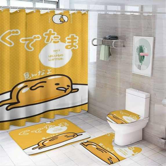 Gudetama 4 Pcs Shower Curtain Sets with Rugs, Bath Mat, U Shape And Toilet Lid Cover Mat And 12 Hooks, Cartoon Bathroom Set with Shower Curtain And Rugs And Accessories
