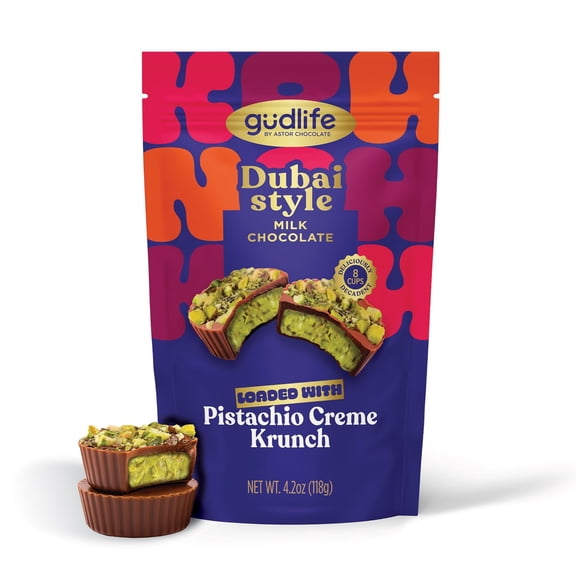 Gudlife Dubai Style Milk Chocolate Pistachio Crme Cups, Gourmet Individually Wrapped Belgium Chocolate with Rich Pistachio Crme, 8 Mini Bites, 4.2oz Bag