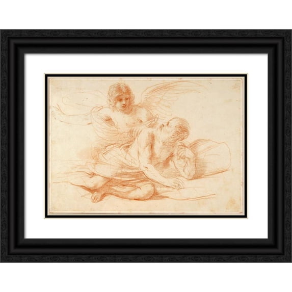 Guercino 14x11 Black Ornate Wood Framed Double Matted Museum Art Print Titled: St Peter and the Angel (Early 1650s)