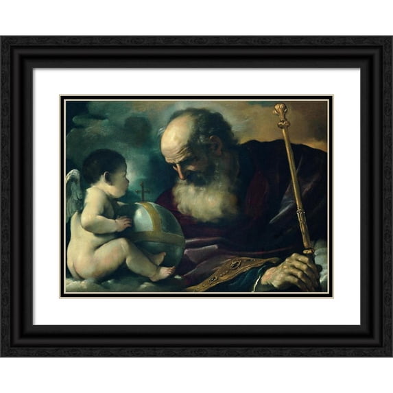 Guercino 18x14 Black Ornate Wood Framed Double Matted Museum Art Print Titled - God the Father and Angel (1620)