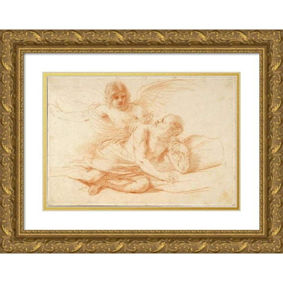 Guercino 24x18 Gold Ornate Framed and Double Matted Museum Art Print Titled - St Peter and the Angel (Early 1650s)