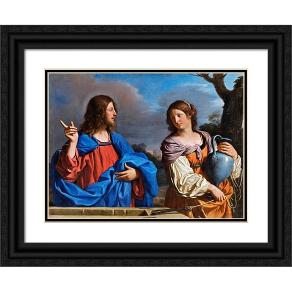 Guercino 24x19 Black Ornate Framed Double Matted Museum Art Print Titled: Jesus and the Samaritan in El Pozo (C.1640)