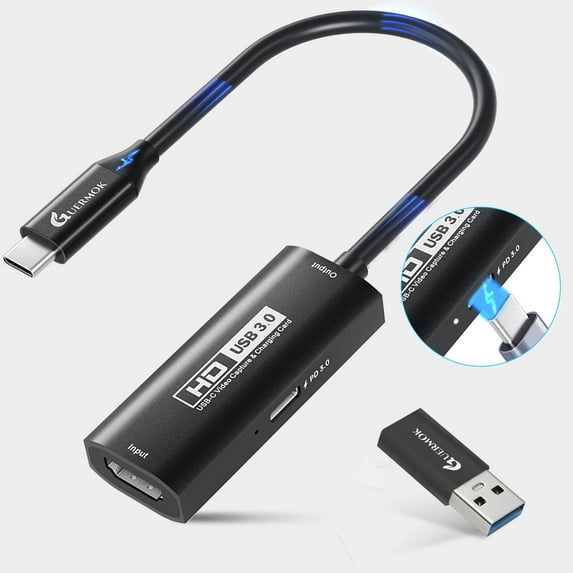 GUERMOK USB 3.0 Video Capture Card with PD 100W Fast Charge 1080P 60FPS HDMI to USB-A/C Capture Card with Type C Adapter, Capture Devices for MacOS/Switch/PS4/PS5, Live Gaming Streaming-Black
