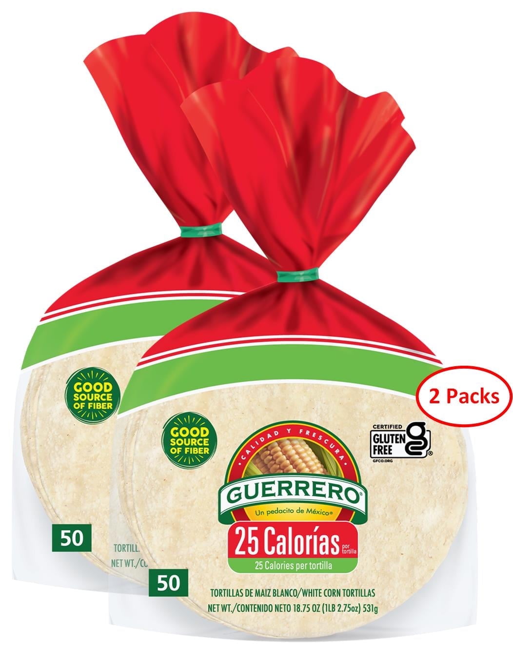 Guerrero White Corn Tortillas, 25 Calories - 2 Packs (100 Tortillas)