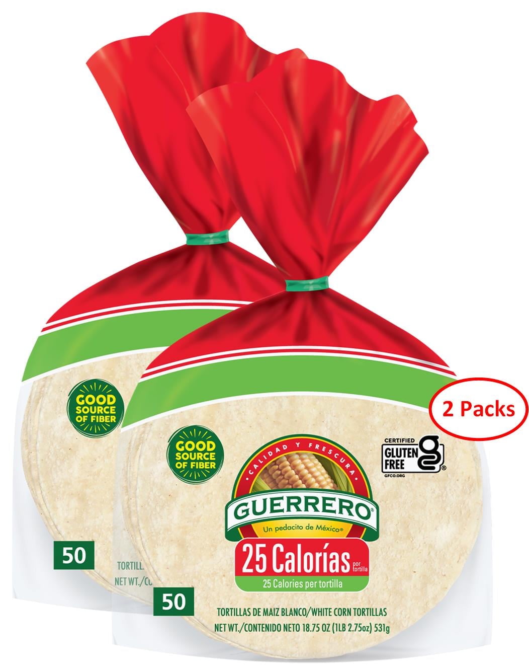 Guerrero White Corn Tortillas, 25 Calories - 2 Packs (100 Tortillas)