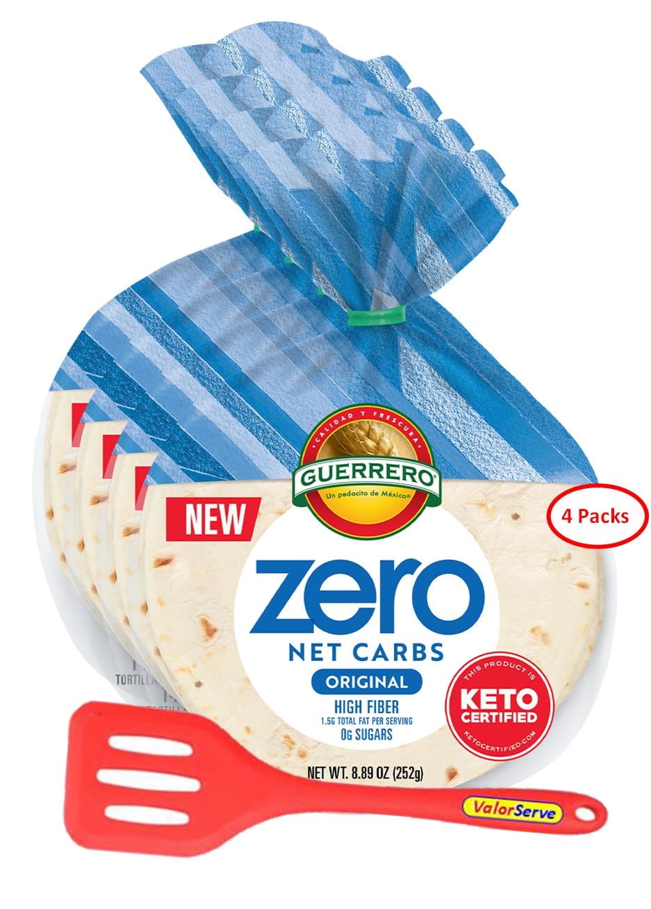 Guerrero Zero Net Carb Original Tortillas - 0g Net Carbs - Keto Certified - 4.5" Street Taco - 14 Count, 8.89 oz. - 4 Packs with ValorServe Mini Kitchen Utensil - Keto Friendly Low Carb Tortillas