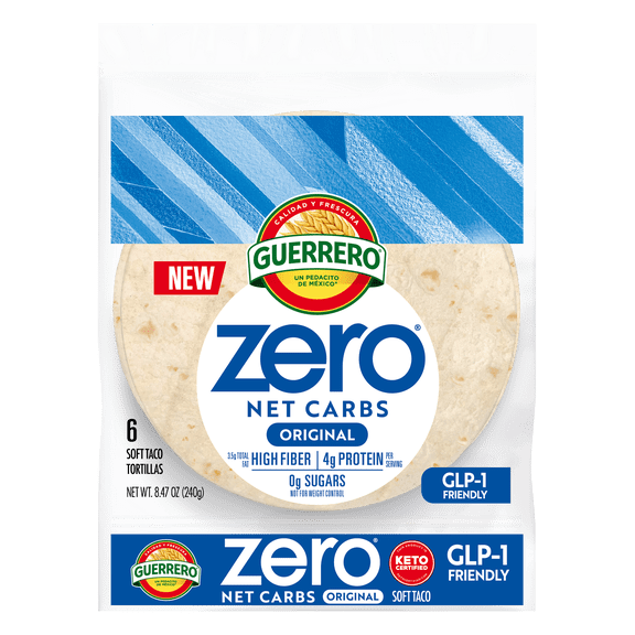 Guerrero Zero Net Carbs Soft Taco Tortillas 6 Count - Keto & GLP-1 Friendly 0g Net Carbs - High Fiber