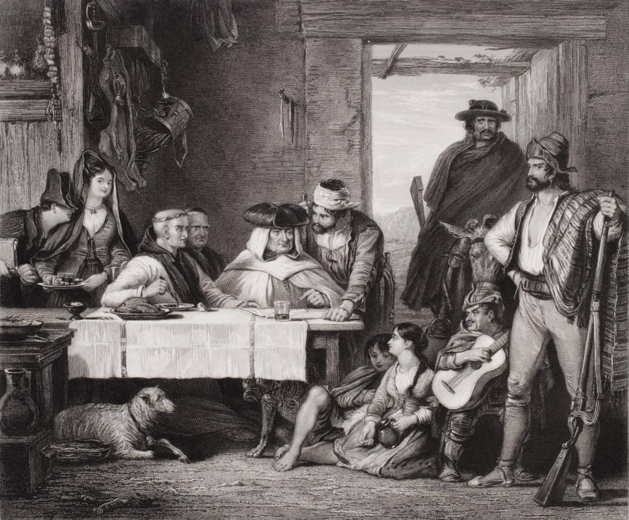 Guerrilla Council Of War Sketched By Sir David Wilkie Engraved By J C Armytage Canvas Art - Ken Welsh Design Pics (32 x 26)