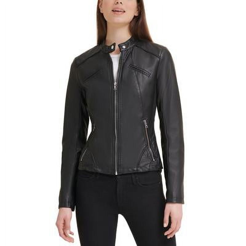 Guess BLACK Women's Band Collar Faux Leather Jacket, US XXL