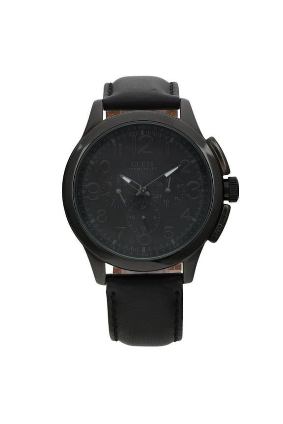 Pre-Owned Guess Black-Out 46mm Ion Plated Multifunction Black Dial Leather Watch U10628G1 (Good)