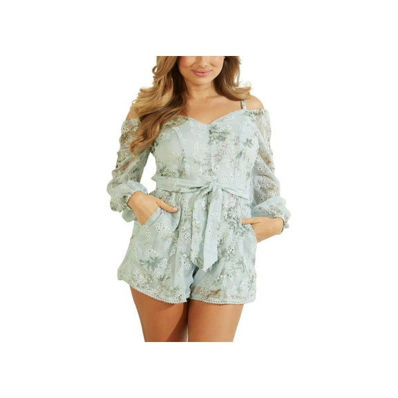 Guess Bree Lace Up Eyelet Embroidered Romper Faded Skies Multi XL