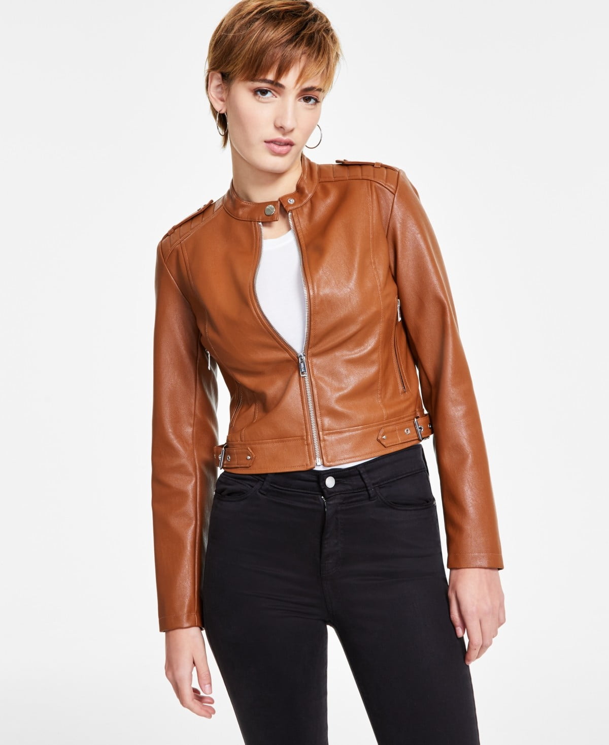 Guess COGNAC Women's Faux-Leather Moto Jacket with Snap Collar, US Large -  Walmart.com