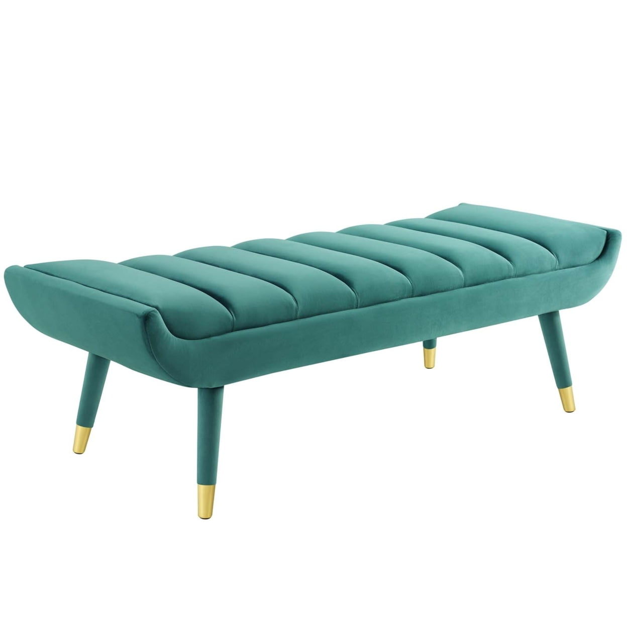 Teal Velvet Channel Tufted Accent Bench with Gold Legs