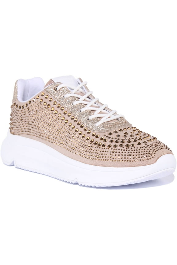 Deglitz Women's Lace Up Rhinestone Trainers In Gold Size 8.5