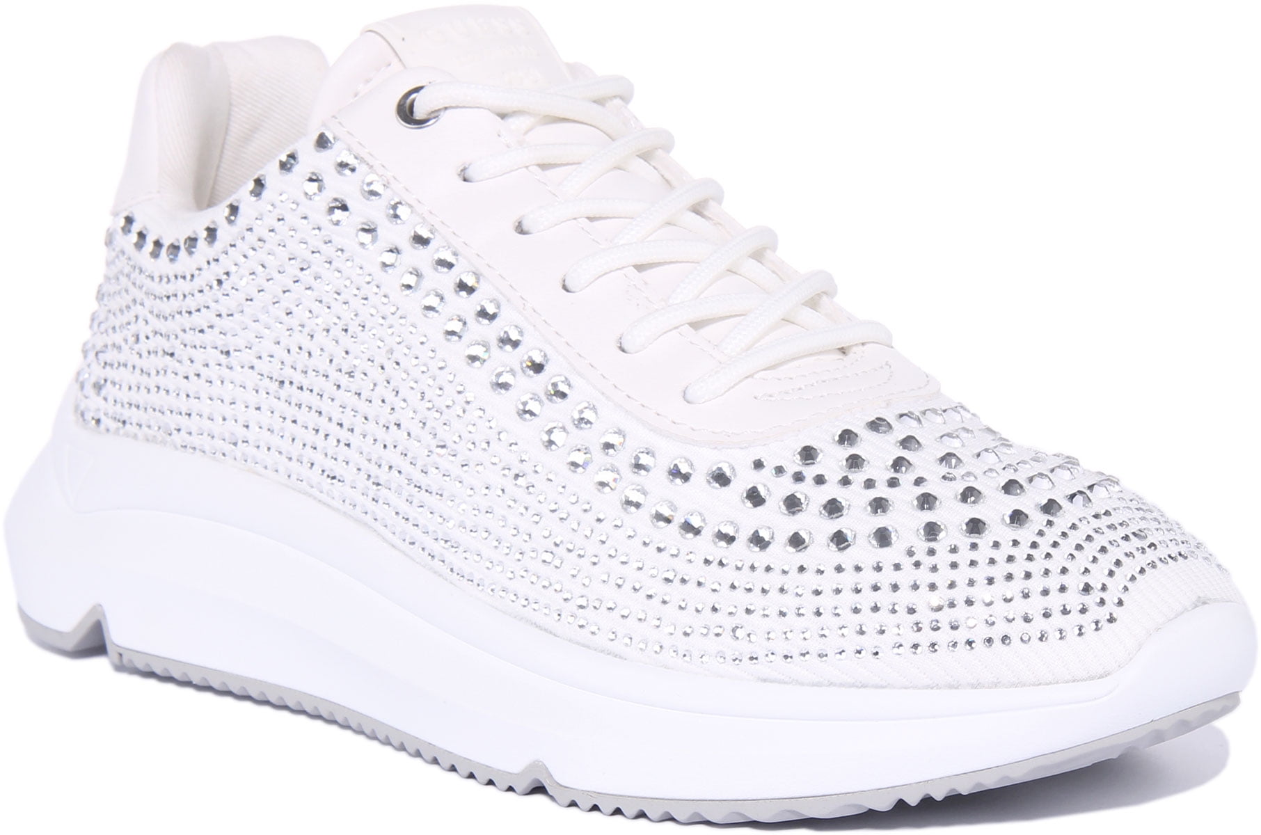 Guess Deglitz Women s Lace Up Rhinestone Trainers In Silver Size