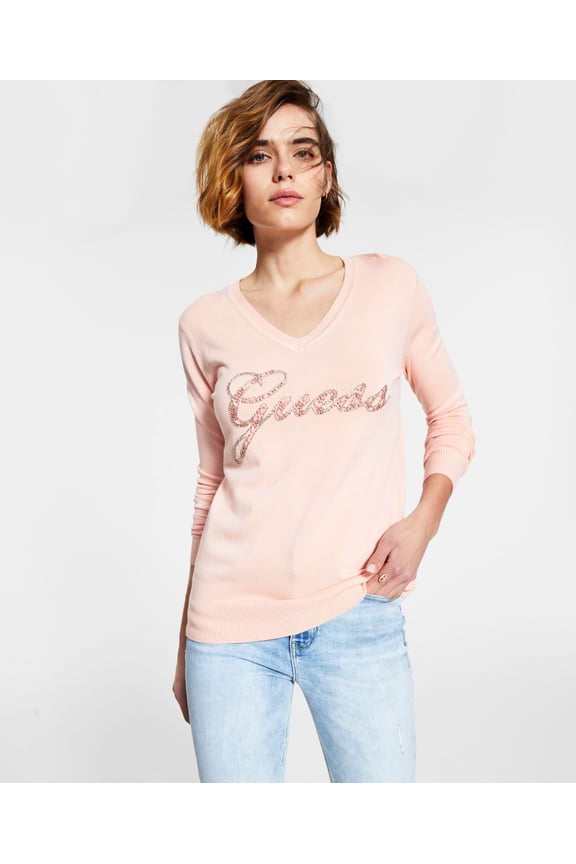 Embellished V Neck Sweater Peach Creme L