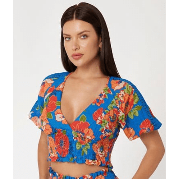 Guess FIGUEROA FLORAL PRINT Women's Ariana Smocked Cropped Top, US X-Large