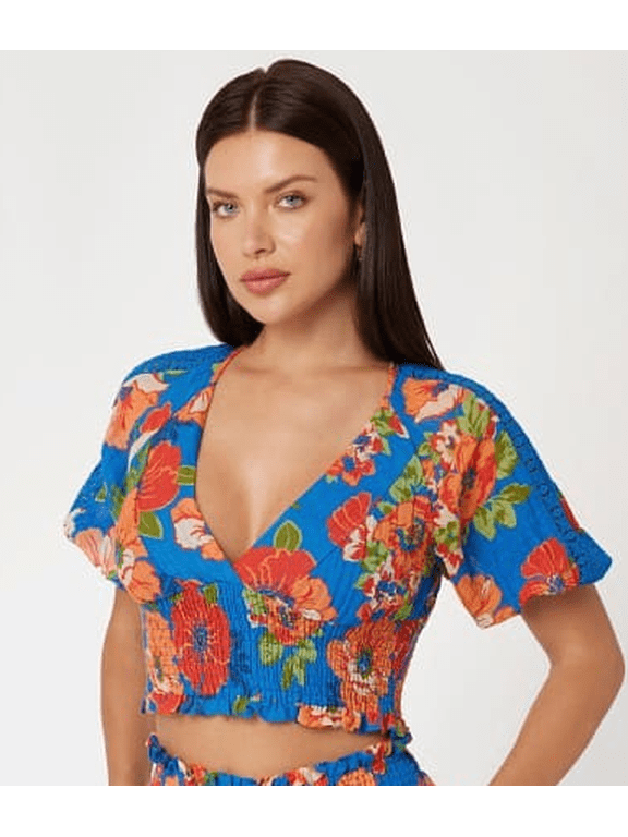 FIGUEROA FLORAL PRINT Women's Ariana Smocked Cropped Top, US X-Large